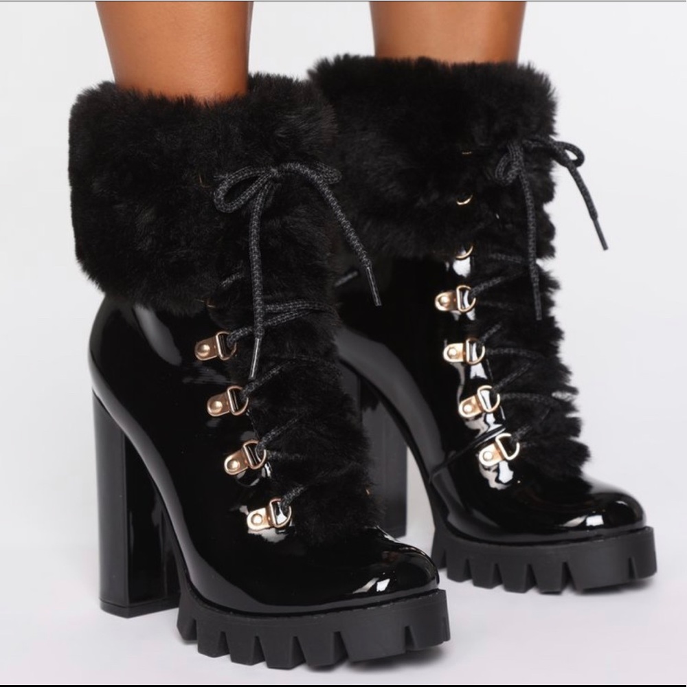 Never Worn patent faux fair platform heel boots